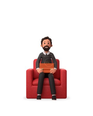 Téléchargez les photos : Illustration de caractère 3d d'un homme d'affaires tenant une mallette assis sur le canapé rouge - en image libre de droit
