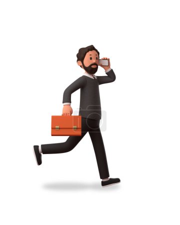 Téléchargez les photos : Illustration de caractère 3d de l'homme d'affaires couru tenant une mallette tout en appelant - en image libre de droit