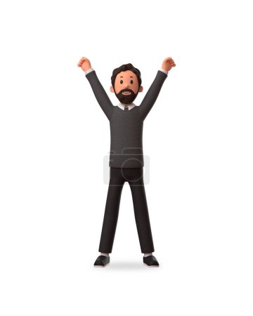 Téléchargez les photos : Illustration de caractère 3d de l'homme d'affaires levé les deux mains heureusement en raison de son succès - en image libre de droit