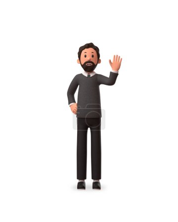 Téléchargez les photos : Illustration de personnage 3d de l'homme d'affaires levé sa main droite avec fond blanc - en image libre de droit