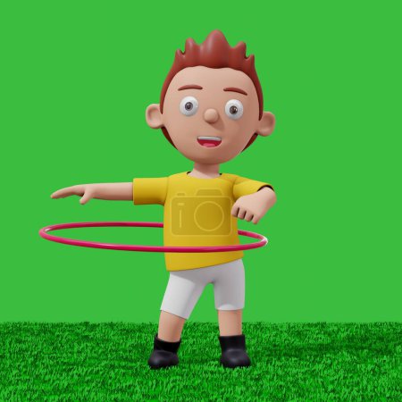 Téléchargez les photos : Illustration de personnage 3d d'enfants jouant hula hoop sur herbe verte - en image libre de droit