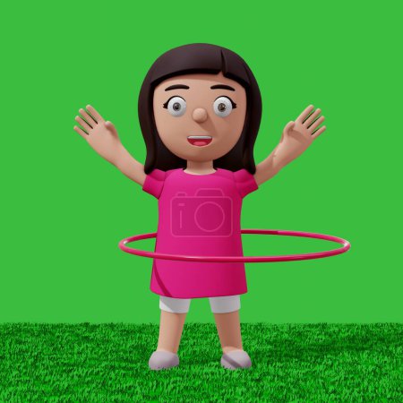 Foto de Ilustración de personajes 3d de niños jugando hula hoop en hierba verde - Imagen libre de derechos