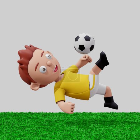 Photo for 3D illustration of kids playing football on green grass with yellow shirt - Royalty Free Image