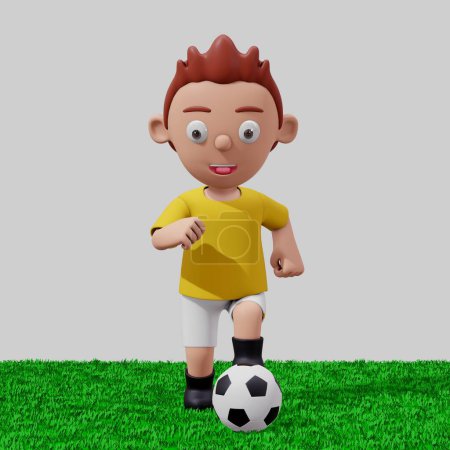 Téléchargez les photos : Illustration 3D d'enfants jouant au football sur herbe verte avec chemise jaune - en image libre de droit