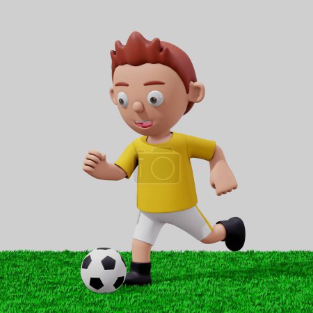 Foto de Ilustración 3D de niños jugando fútbol sobre hierba verde con camisa amarilla - Imagen libre de derechos