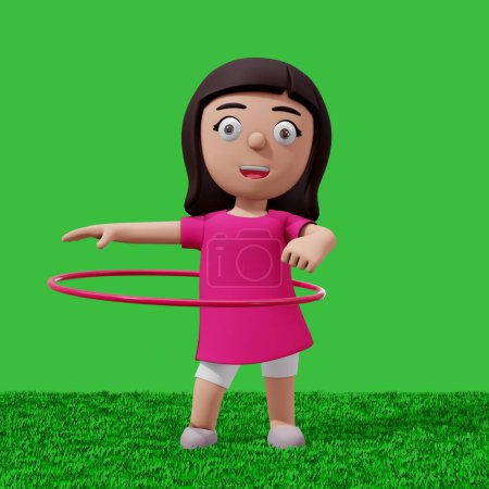 Téléchargez les photos : Illustration de personnage 3d d'enfants jouant hula hoop sur herbe verte - en image libre de droit