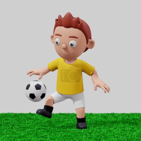 Foto de Ilustración 3D de niños jugando fútbol sobre hierba verde con camisa amarilla - Imagen libre de derechos
