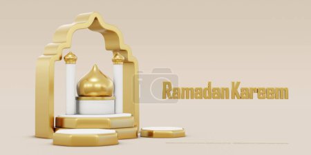 Foto de Ilustración 3D de la celebración del Ramadán Kareem con linterna, luna, estrellas y adornos de mezquita - Imagen libre de derechos