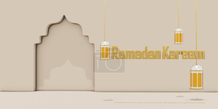 Téléchargez les photos : Illustration 3D de la célébration du Ramadan Kareem avec lanterne, lune, étoiles et ornements de mosquée - en image libre de droit