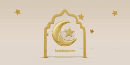 Foto de Ilustración 3D de la celebración del Ramadán Kareem con linterna, luna, estrellas y adornos de mezquita - Imagen libre de derechos