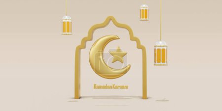 Photo for 3D illustration of the Ramadan Kareem celebration with lantern, moon, stars and mosque ornaments - Royalty Free Image