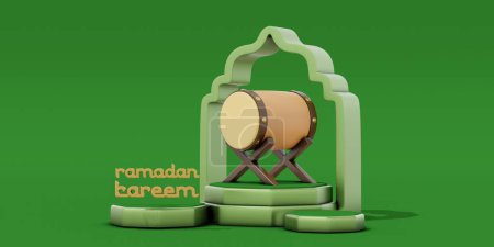 Foto de Ilustración 3D de la celebración del Ramadán Kareem con linterna, luna, estrellas y adornos de mezquita con fondo verde - Imagen libre de derechos