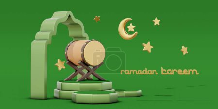 Photo for 3D illustration of the Ramadan Kareem celebration with lantern, moon, stars and mosque ornaments with green background - Royalty Free Image