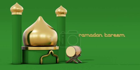 Photo for 3D illustration of the Ramadan Kareem celebration with lantern, moon, stars and mosque ornaments with green background - Royalty Free Image
