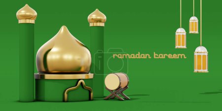 Foto de Ilustración 3D de la celebración del Ramadán Kareem con linterna, luna, estrellas y adornos de mezquita con fondo verde - Imagen libre de derechos