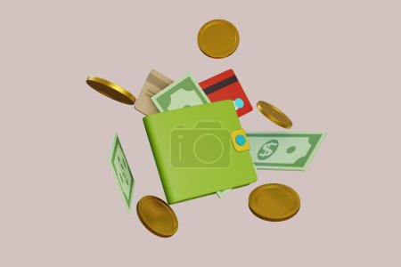 Foto de Ilustración 3d de billetera, dinero verde, moneda y tarjeta de crédito, concepto de icono de ahorro de dinero 3D - Imagen libre de derechos