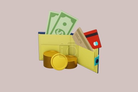 Foto de Ilustración 3d de billetera, dinero verde, moneda y tarjeta de crédito, concepto de icono de ahorro de dinero 3D - Imagen libre de derechos