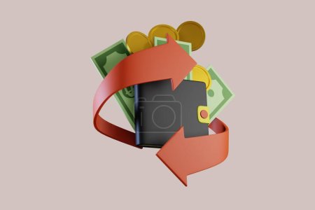 Téléchargez les photos : Illustration 3D du portefeuille, de l'argent vert, de la pièce et de la carte de crédit, concept d'icône d'économie d'argent 3D - en image libre de droit