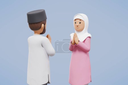 Téléchargez les photos : 3d musulman homme et femme se saluent avec fond bleu - en image libre de droit
