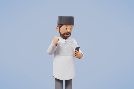 Téléchargez les photos : 3d homme musulman salutation, salutation, pointant et tenant le téléphone tout en souriant avec fond bleu - en image libre de droit