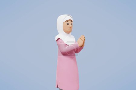 3d muslimische Frau grüßt, zeigt, hält Telefon während lächelt mit blauem Hintergrund