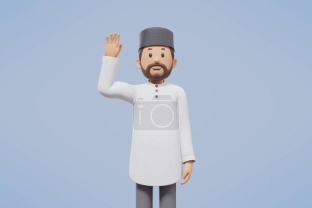 Téléchargez les photos : 3d homme musulman salutation, salutation, pointant et tenant le téléphone tout en souriant avec fond bleu - en image libre de droit