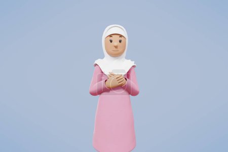 Foto de 3d musulmana mujer saludo, señalando, sosteniendo el teléfono mientras sonríe con fondo azul - Imagen libre de derechos