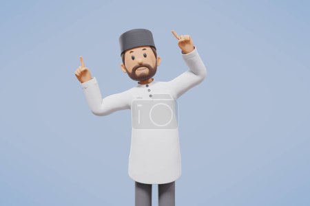 Photo for 3d man muslim greeting, greeting, pointing and holding phone while smiling with blue background - Royalty Free Image