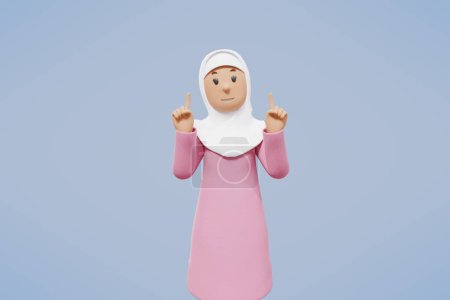 Téléchargez les photos : 3d femme musulmane salutation, pointant, tenant le téléphone tout en souriant avec fond bleu - en image libre de droit