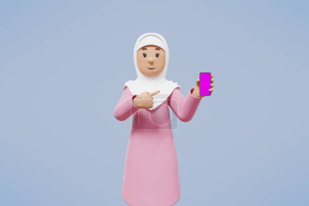 Téléchargez les photos : 3d femme musulmane salutation, pointant, tenant le téléphone tout en souriant avec fond bleu - en image libre de droit