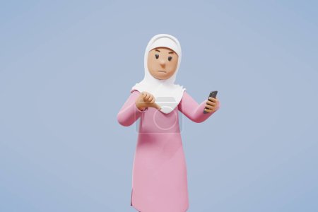 Foto de 3d musulmana mujer saludo, señalando, sosteniendo el teléfono mientras sonríe con fondo azul - Imagen libre de derechos