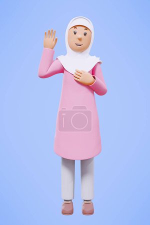 Photo for 3d muslim woman greeting, pointing,holding phone while smiling with pink shirt - Royalty Free Image