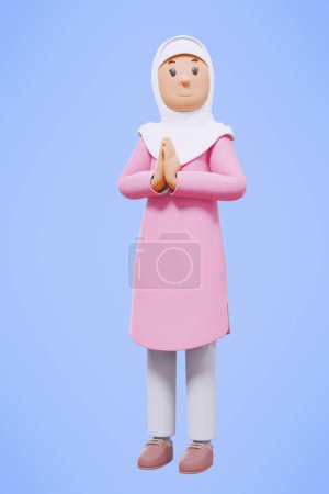 Téléchargez les photos : 3d femme musulmane salutation, pointant, tenant le téléphone tout en souriant avec chemise rose - en image libre de droit