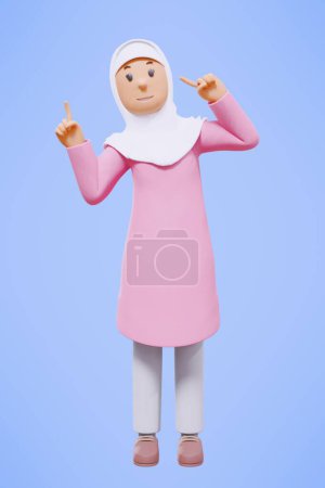 Foto de 3d musulmana mujer saludo, señalando, sosteniendo el teléfono mientras sonríe con camisa rosa - Imagen libre de derechos