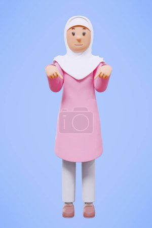 Foto de 3d musulmana mujer saludo, señalando, sosteniendo el teléfono mientras sonríe con camisa rosa - Imagen libre de derechos