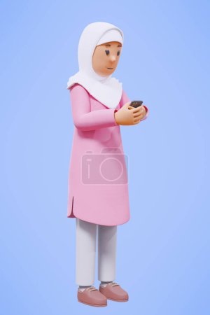 3D muslimische Frau grüßt, zeigt, hält Telefon, während sie mit rosa Hemd lächelt