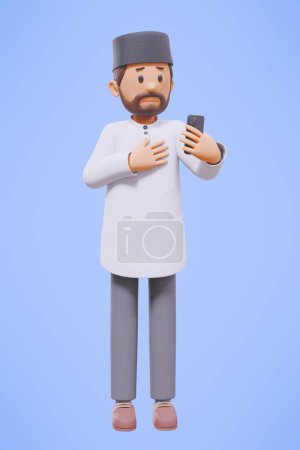 Photo for 3d man muslim greeting, greeting, pointing and holding phone while smiling with white shirt - Royalty Free Image