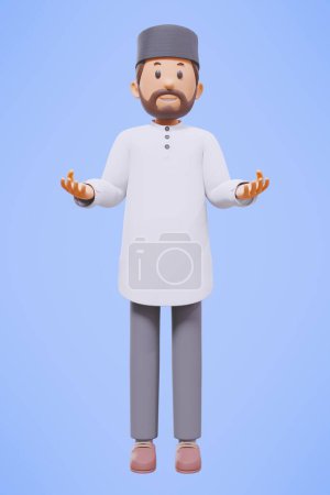 3d homme musulman salutation, salutation, pointant et tenant le téléphone tout en souriant avec chemise blanche