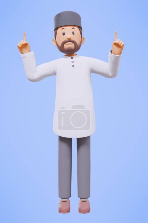 Foto de 3d hombre musulmán saludo, saludo, señalando y sosteniendo el teléfono mientras sonríe con camisa blanca - Imagen libre de derechos