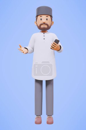 3. Mann muslimischer Gruß, Gruß, Zeigen und Halten des Telefons, während er mit weißem Hemd lächelt