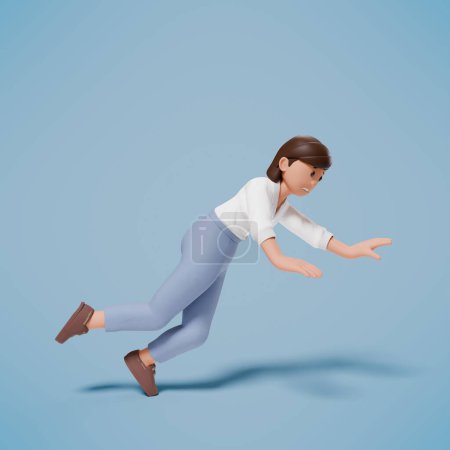 Téléchargez les photos : Une femme en robe blanche glisse et tombe sur un fond bleu - en image libre de droit