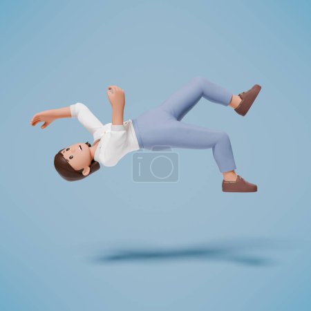 Téléchargez les photos : Une femme en robe blanche glisse et tombe sur un fond bleu - en image libre de droit