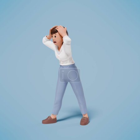 Téléchargez les photos : Illustration 3D d'un personnage choqué, paniqué et effrayé sur fond bleu - en image libre de droit