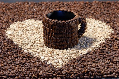 Photo for Coffee Mug Cup Handmade on Heart Shape Coffee Beans Design - Royalty Free Image