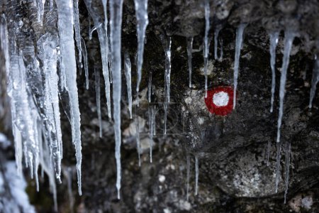 Photo for Trail Blazing Sign Mark Covered by Icicles - Slovenia, European Alps - Royalty Free Image