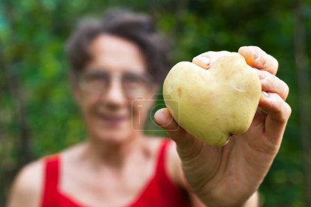 Photo for Senior Woman Holding a Heart Shaped Potato - Royalty Free Image