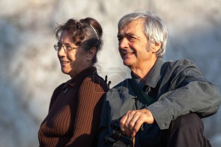 Photo for Senior Caucasian Couple Relaxing and Enjoying the View in Mountains Outdoors Portrait - Royalty Free Image