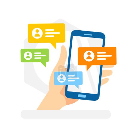 Ilustración de Mano sosteniendo un teléfono inteligente con burbujas de chat, perfecto para conceptos de comunicación móvil, redes sociales y conversación digital moderna. - Imagen libre de derechos