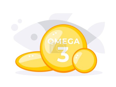 Ilustración de Cápsulas de ácidos grasos Omega 3 con una silueta de pescado, destacando los beneficios para la salud de los suplementos dietéticos. - Imagen libre de derechos
