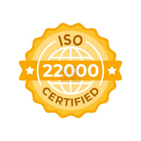 Téléchargez les illustrations : Illustration vectorielle du sceau certifié ISO 22000 avec badge doré et étoiles, représentant les normes internationales de gestion de la sécurité alimentaire. - en licence libre de droit